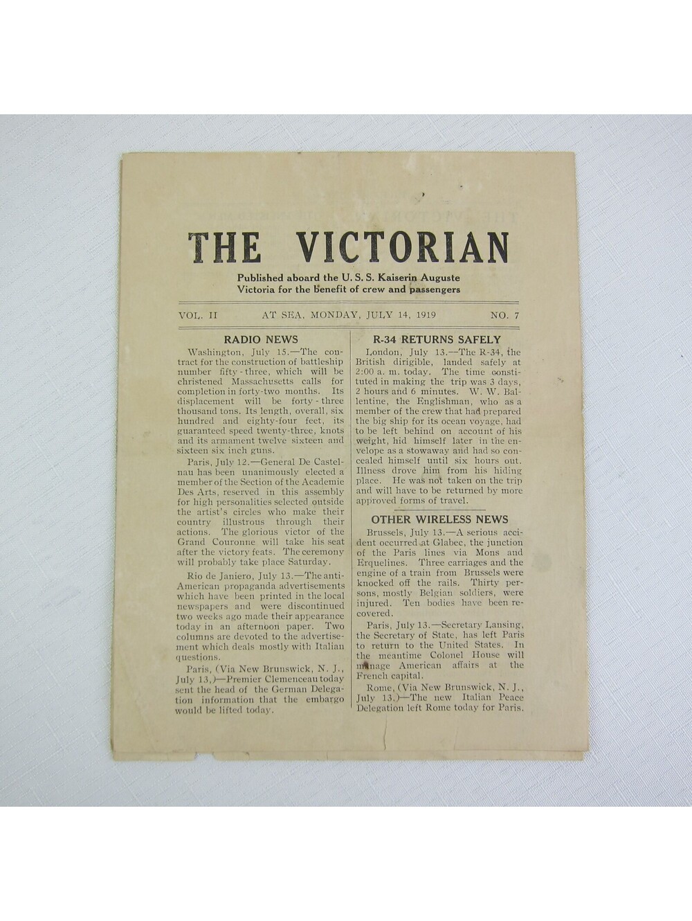 USS Kaiserin Auguste Victoria Shipboard Newspaper The Victorian WWI 14 July 1919